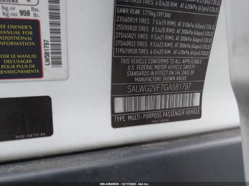 2016 Land Rover Range Rover Sport 3.0L V6 Supercharged Se VIN: SALWG2VF7GA581797 Lot: 43940539