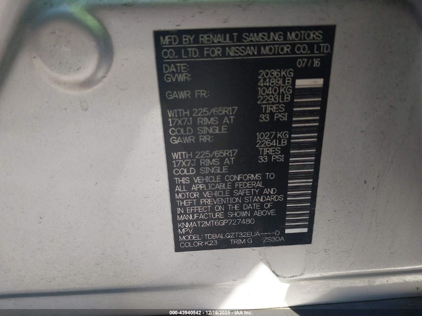 2016 Nissan Rogue Sv VIN: KNMAT2MT6GP727480 Lot: 43940542