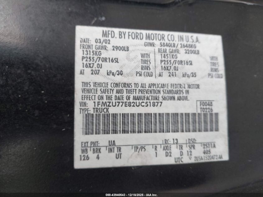2002 Ford Explorer Sport Trac VIN: 1FMZU77E82UC51877 Lot: 43940543
