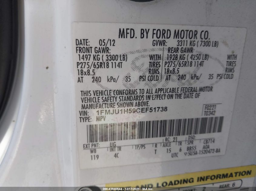 2012 Ford Expedition Xlt VIN: 1FMJU1H59CEF51738 Lot: 43940544