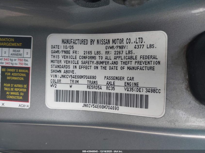 2006 Infiniti G35 VIN: JNKCV54E66M704690 Lot: 43940545