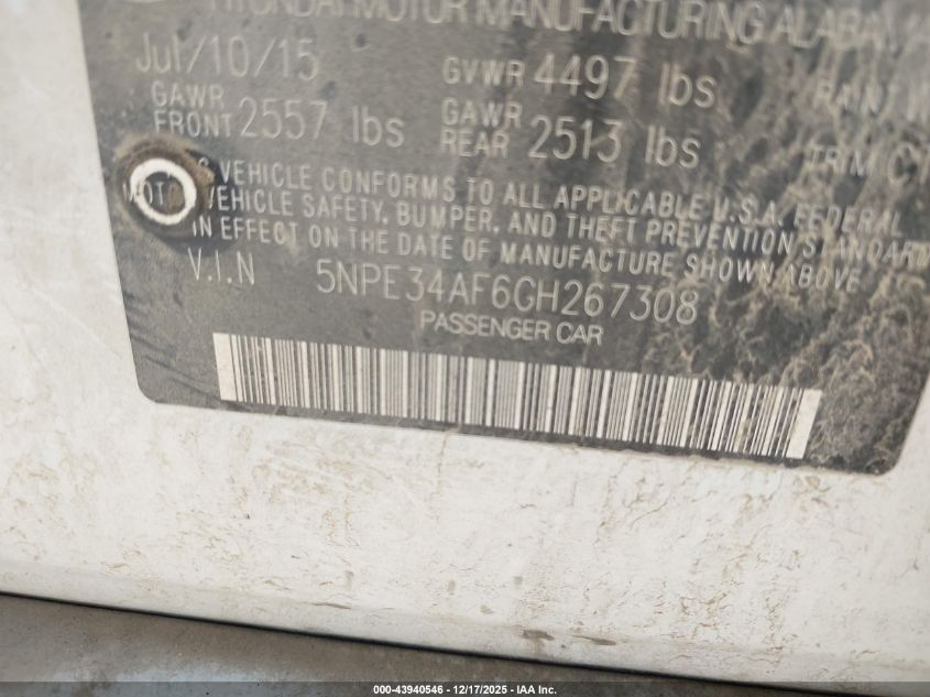 2016 Hyundai Sonata Sport VIN: 5NPE34AF6GH267308 Lot: 43940546