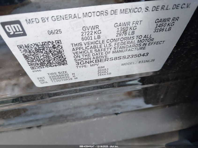 2025 Chevrolet Blazer Fwd Rs VIN: 3GNKBERS8SS235043 Lot: 43940547