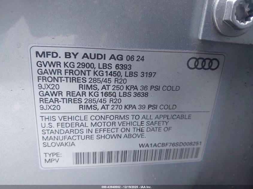 2025 Audi Q7 Premium 45 Tfsi Quattro Tiptronic VIN: WA1ACBF76SD008251 Lot: 43940552