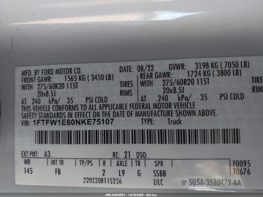 2022 Ford F-150 Xlt VIN: 1FTFW1E80NKE75107 Lot: 43940551