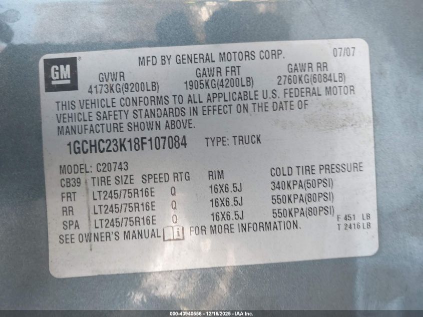 2008 Chevrolet Silverado 2500Hd Lt1 VIN: 1GCHC23K18F107084 Lot: 43940556