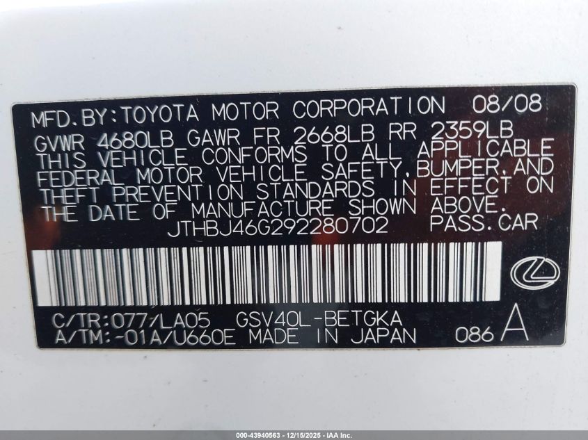 2009 Lexus Es 350 VIN: JTHBJ46G292280702 Lot: 43940563