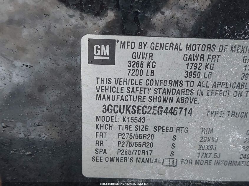 2014 Chevrolet Silverado 1500 1Lz VIN: 3GCUKSEC2EG446714 Lot: 43940566