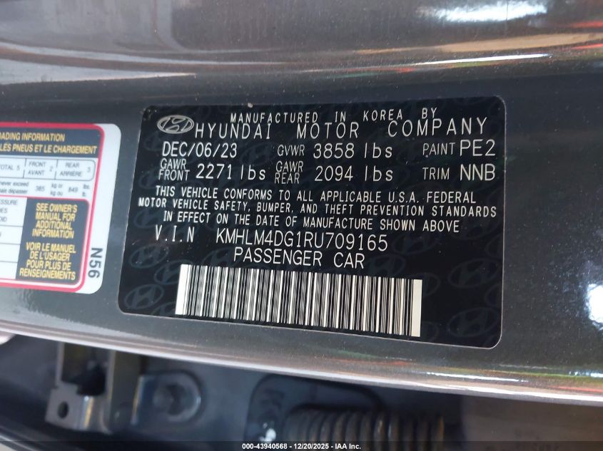 2024 Hyundai Elantra Sel VIN: KMHLM4DG1RU709165 Lot: 43940568