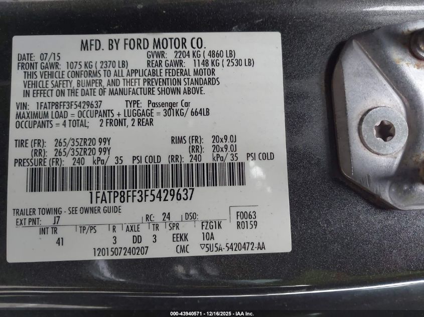 2015 Ford Mustang Gt Premium VIN: 1FATP8FF3F5429637 Lot: 43940571