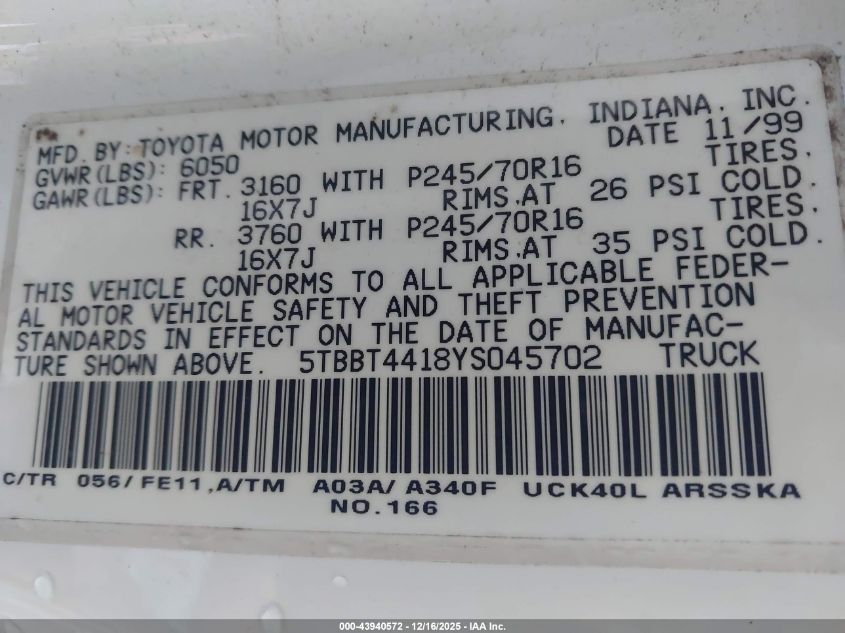 2000 Toyota Tundra Sr5 V8 VIN: 5TBBT4418YS045702 Lot: 43940572