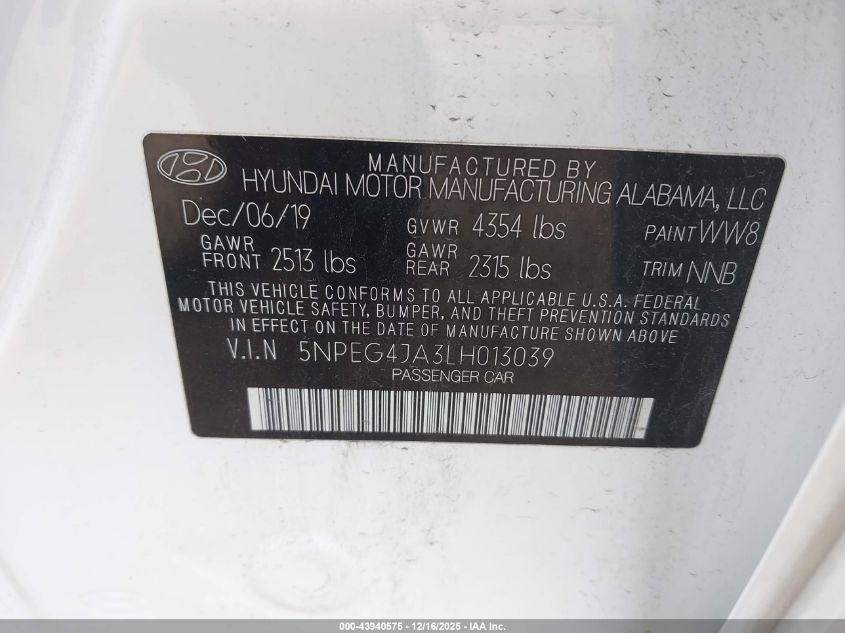 2020 Hyundai Sonata Se VIN: 5NPEG4JA3LH013039 Lot: 43940575