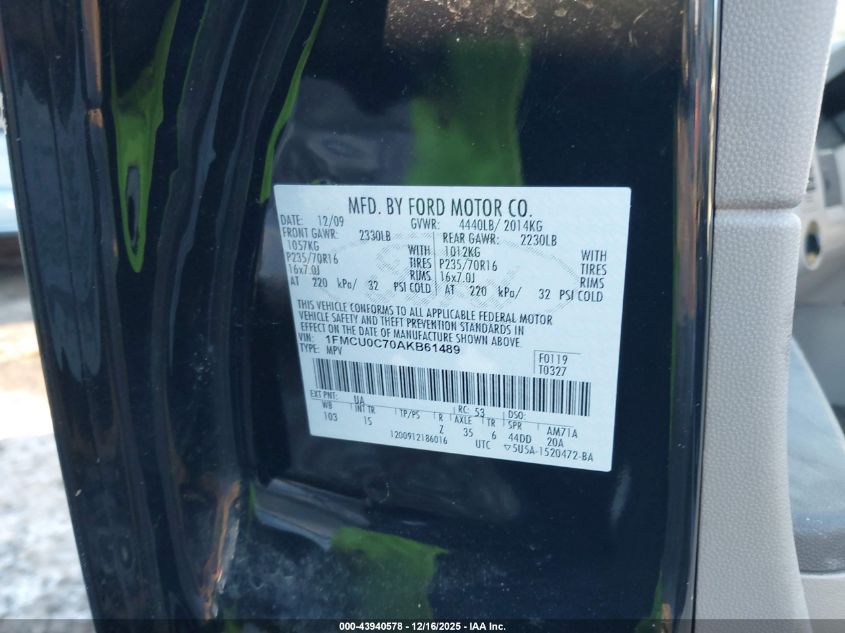 2010 Ford Escape Xls VIN: 1FMCU0C70AKB61489 Lot: 43940578