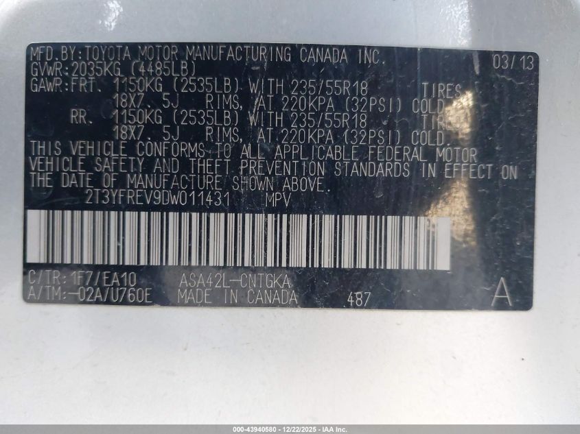 2013 Toyota Rav4 Limited VIN: 2T3YFREV9DW011431 Lot: 43940580