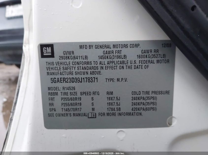 2009 Buick Enclave Cxl VIN: 5GAER23D39J178371 Lot: 43940583