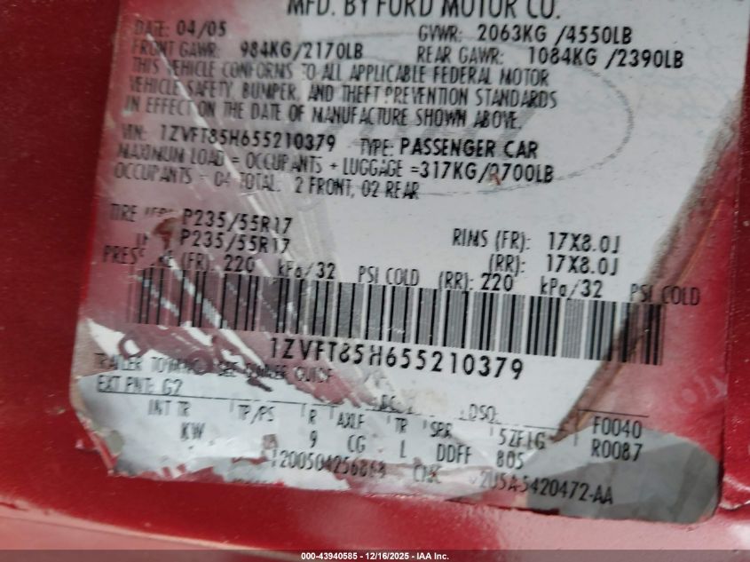 2005 Ford Mustang Gt VIN: 1ZVFT85H655210379 Lot: 43940585