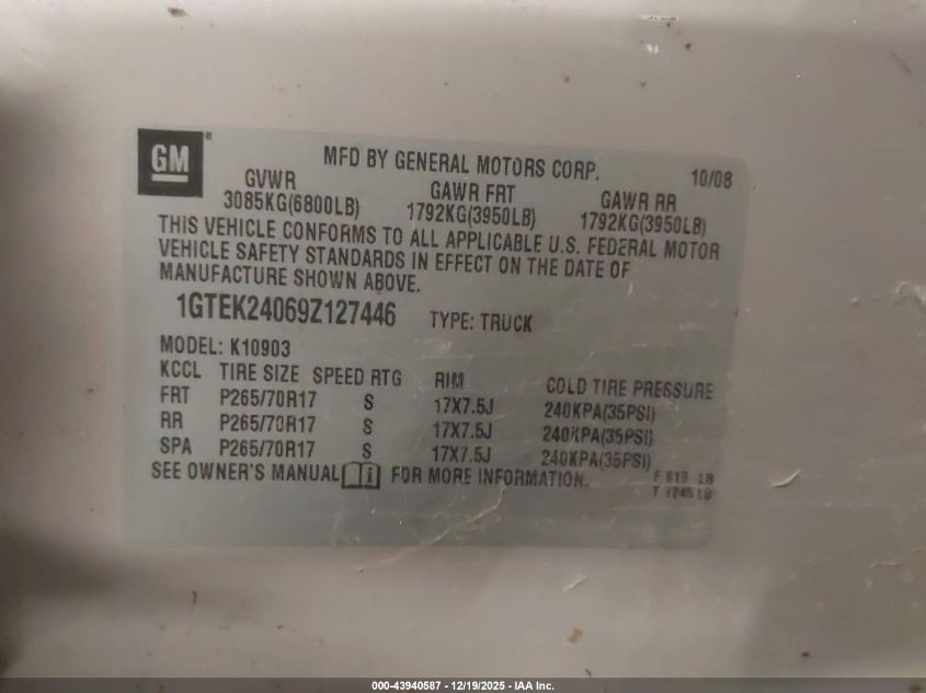 2009 GMC Sierra 1500 Sle VIN: 1GTEK24069Z127446 Lot: 43940587