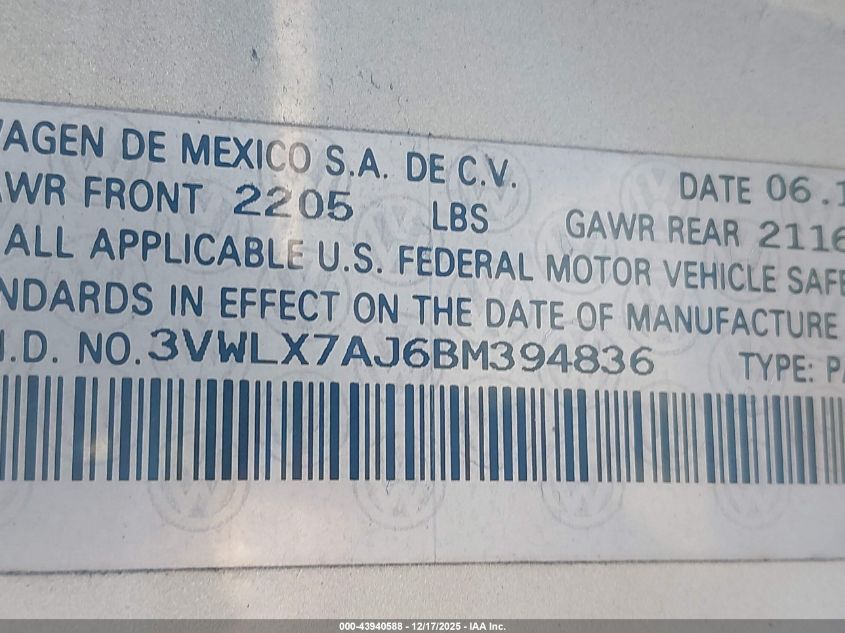 2011 Volkswagen Jetta 2.5L Sel VIN: 3VWLX7AJ6BM394836 Lot: 43940588