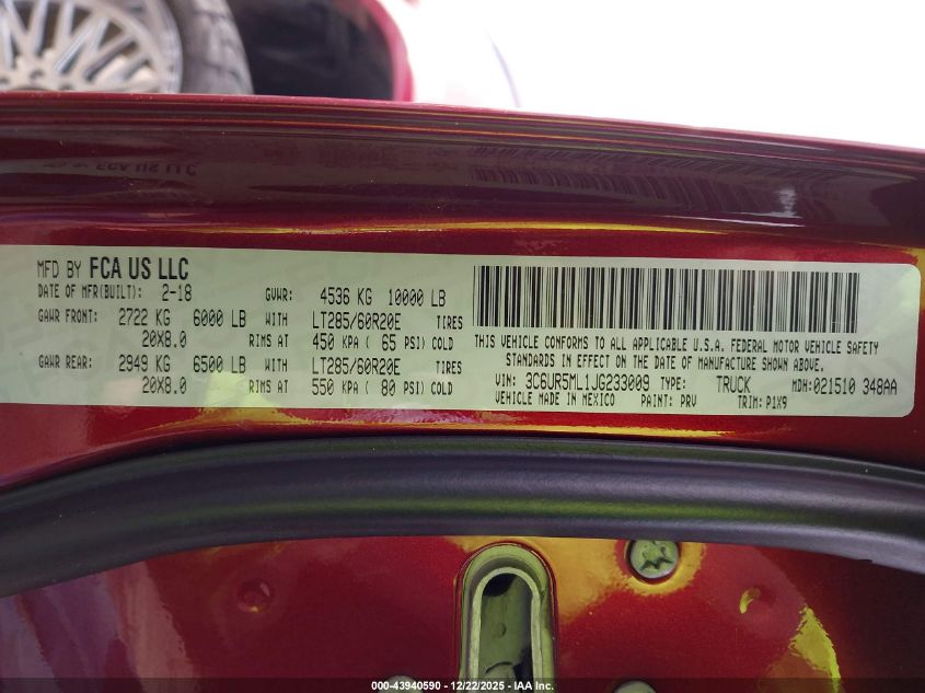 2018 Ram 2500 VIN: 3C6UR5MC1JG233009 Lot: 43940590