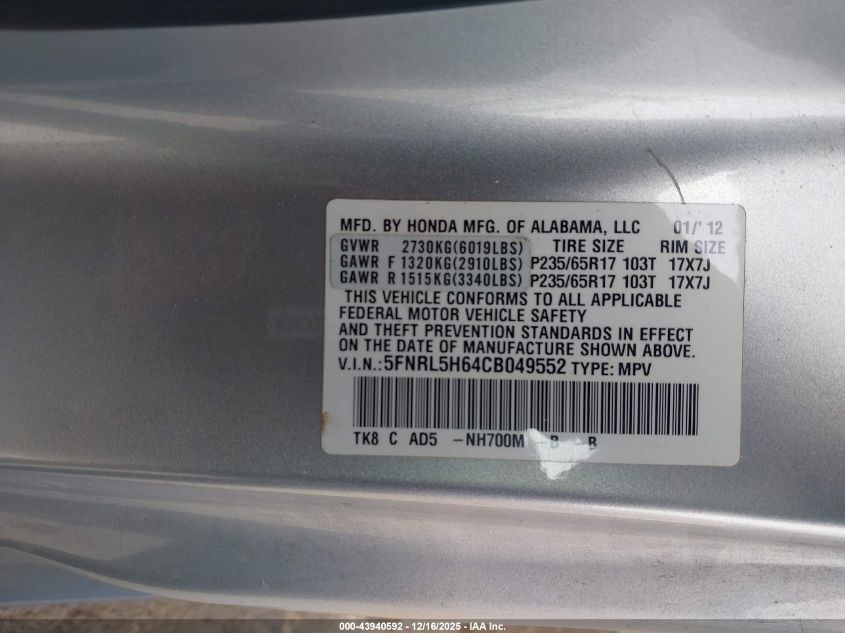 2012 Honda Odyssey Ex-L VIN: 5FNRL5H64CB049552 Lot: 43940592