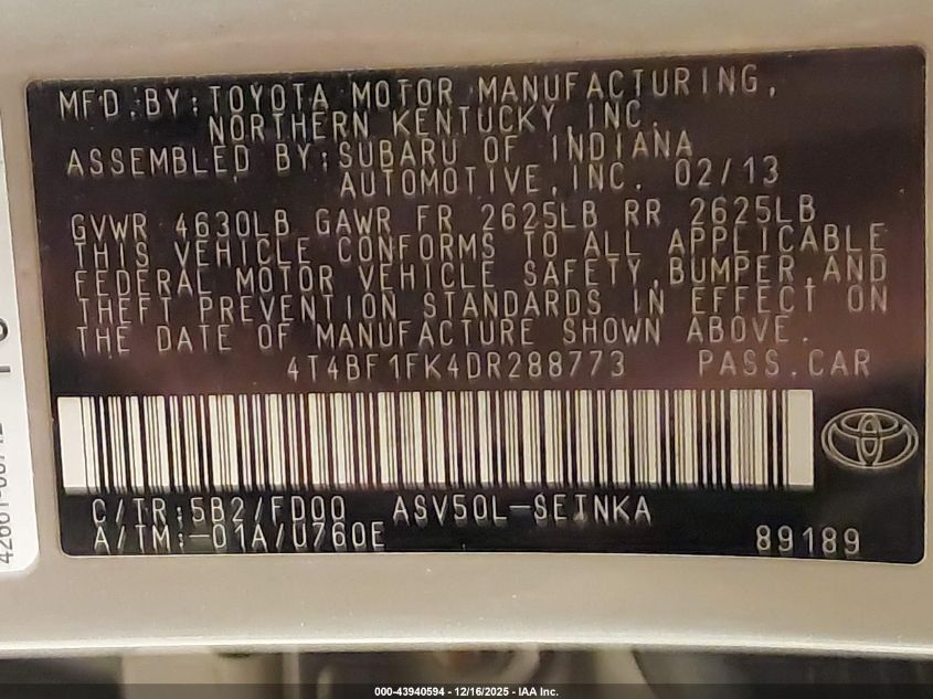 2013 Toyota Camry Le VIN: 4T4BF1FK4DR288773 Lot: 43940594