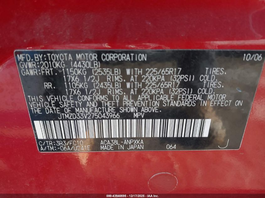 2007 Toyota Rav4 VIN: JTMZD33V275043966 Lot: 43940595