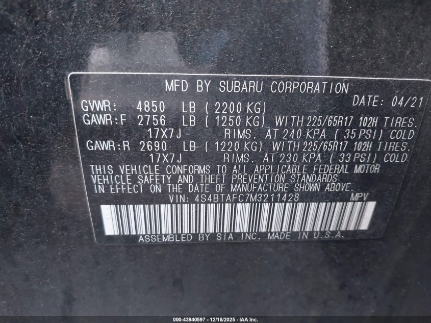 2021 Subaru Outback Premium VIN: 4S4BTAFC7M3211428 Lot: 43940597