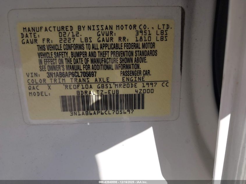 2012 Nissan Sentra 2.0 Sr VIN: 3N1AB6AP6CL705697 Lot: 43940598