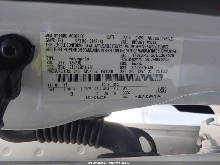 2014 Ford Focus Se VIN: 1FADP3F20EL367578 Lot: 43940600