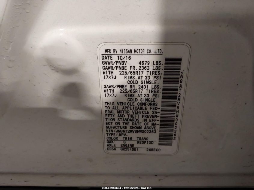 2017 Nissan Rogue Sv VIN: JN8AT2MV8HW002363 Lot: 43940604