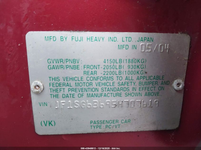 2005 Subaru Forester 2.5X VIN: JF1SG63695H707619 Lot: 43940613