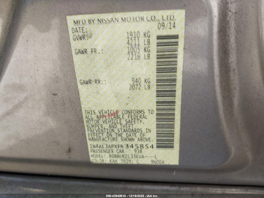 2015 Nissan Altima 2.5 Sl VIN: 1N4AL3APXFN345854 Lot: 43940618