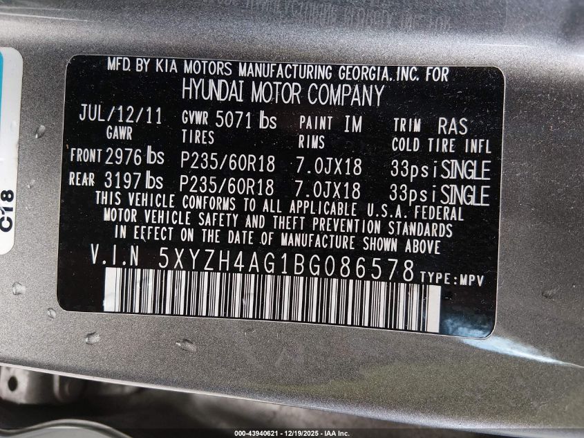 2011 Hyundai Santa Fe Se VIN: 5XYZH4AG1BG086578 Lot: 43940621