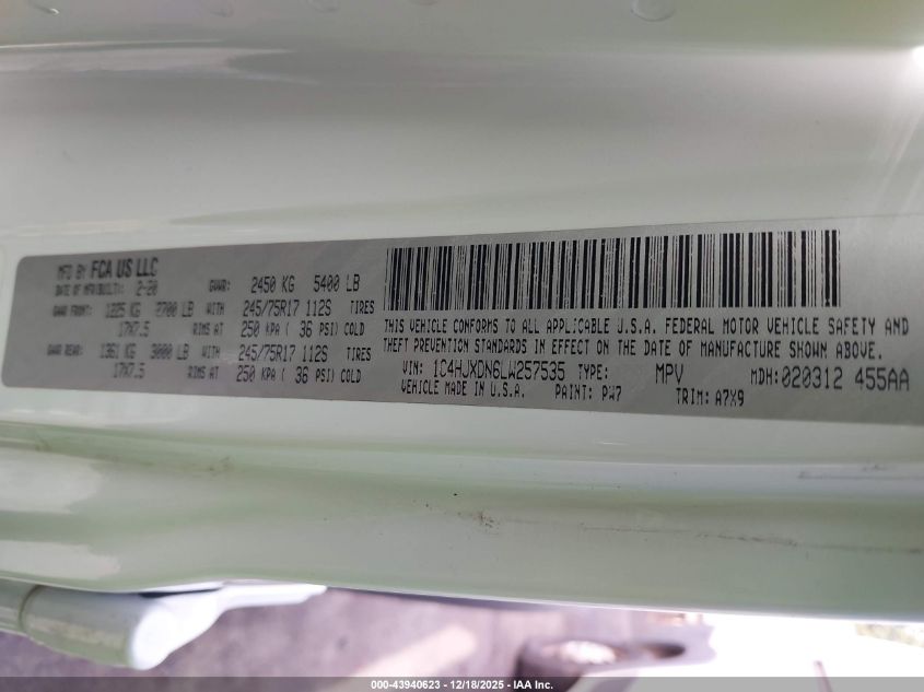 2020 Jeep Wrangler Unlimited Sport S 4X4 VIN: 1C4HJXDN6LW257535 Lot: 43940623