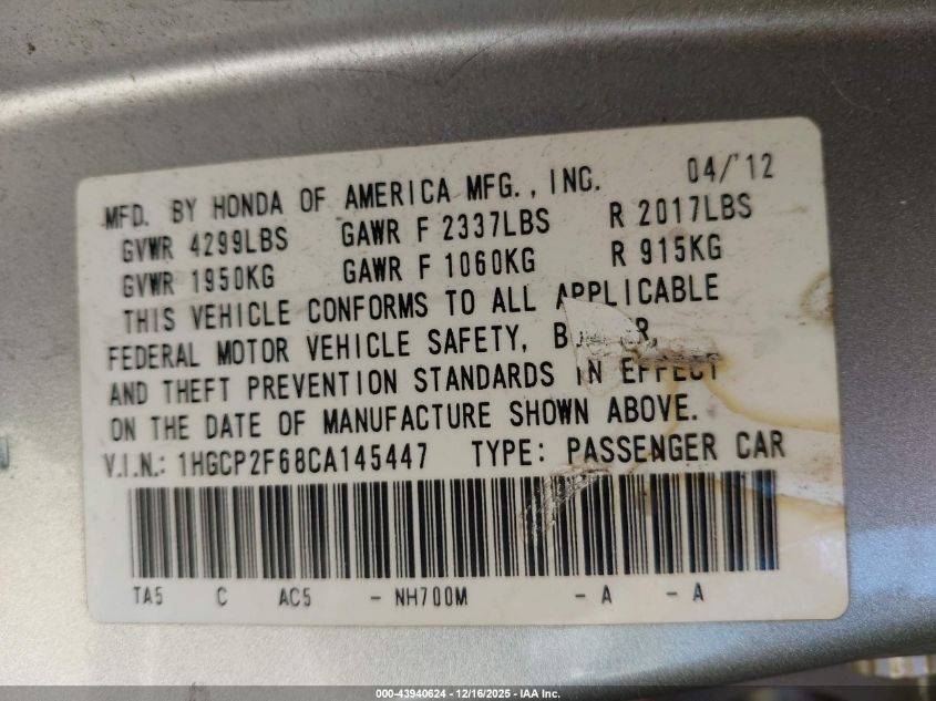 2012 Honda Accord 2.4 Se VIN: 1HGCP2F68CA145447 Lot: 43940624