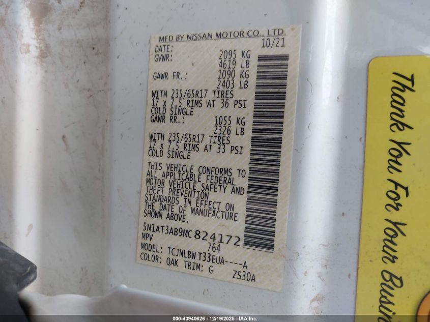 2021 Nissan Rogue S Intelligent Awd VIN: 5N1AT3AB9MC824172 Lot: 43940626