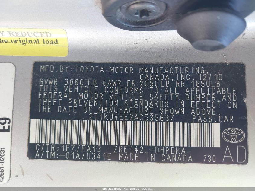 2010 Toyota Matrix VIN: 2T1KU4EE2AC535637 Lot: 43940627