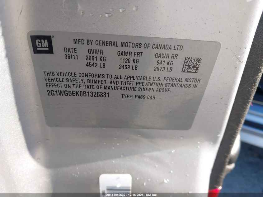 2011 Chevrolet Impala Lt VIN: 2G1WG5EK0B1326331 Lot: 43940632
