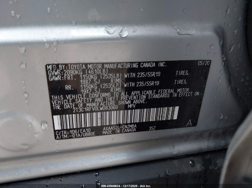 2020 Toyota Rav4 Xle Premium VIN: 2T3C1RFV0LW083060 Lot: 43940634