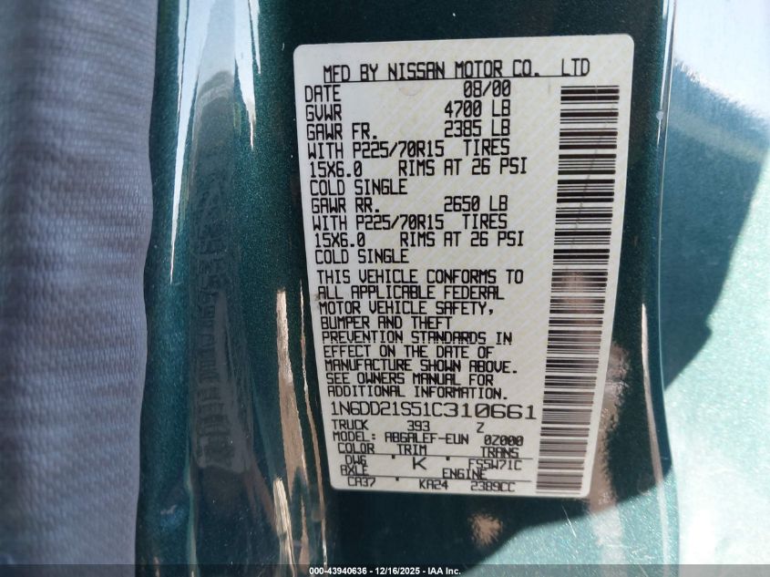 2001 Nissan Frontier Xe VIN: 1N6DD21S51C310661 Lot: 43940636