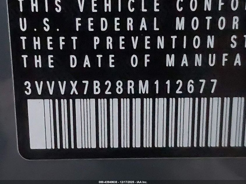 2024 Volkswagen Taos 1.5T Se VIN: 3VVVX7B28RM112677 Lot: 43940638