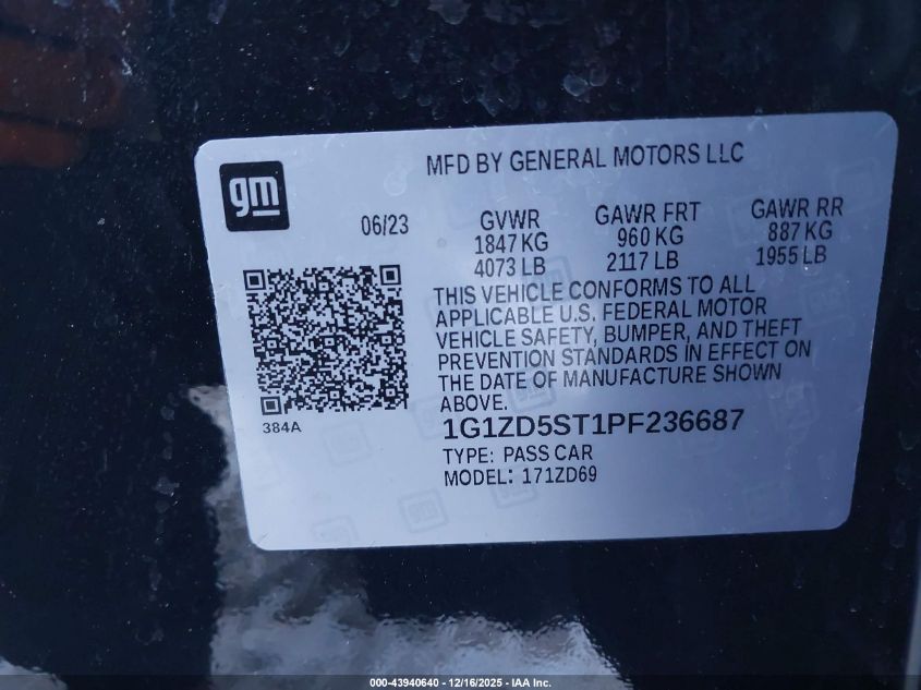 2023 Chevrolet Malibu Fwd 1Lt VIN: 1G1ZD5ST1PF236687 Lot: 43940640