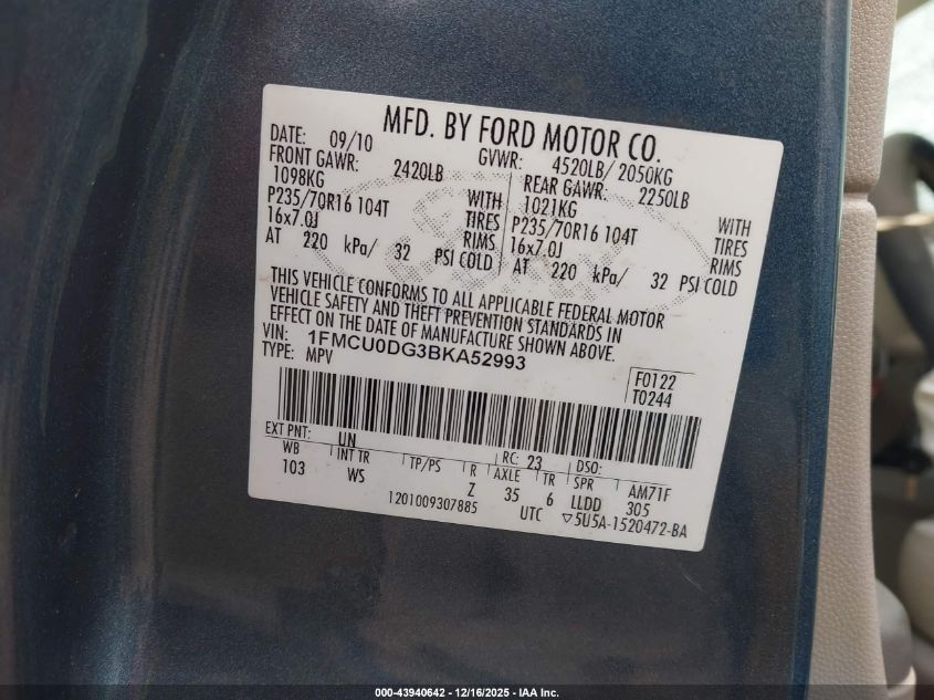 2011 Ford Escape Xlt VIN: 1FMCU0DG3BKA52993 Lot: 43940642