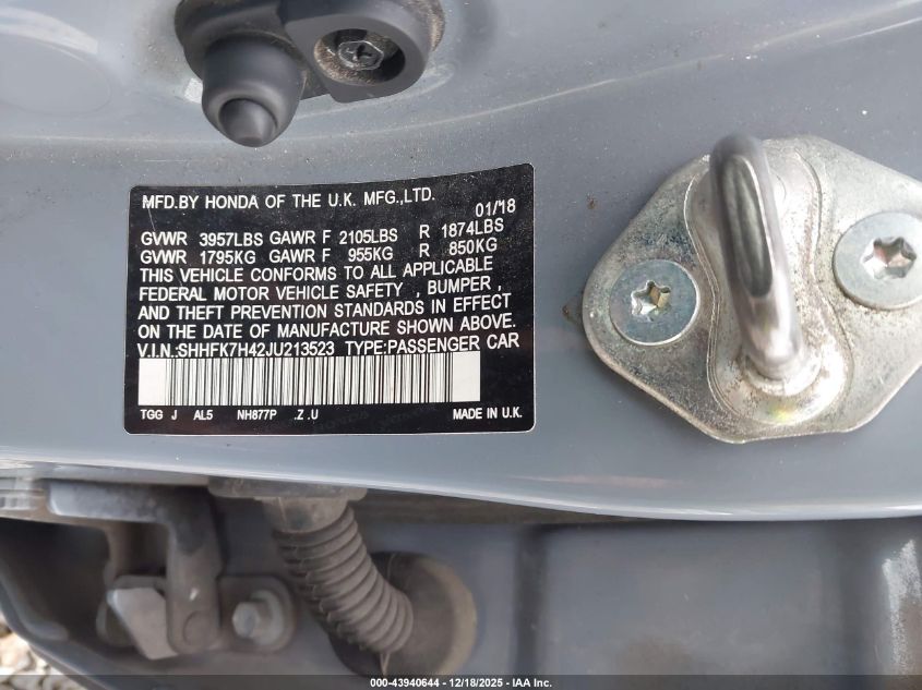 2018 Honda Civic Sport VIN: SHHFK7H42JU213523 Lot: 43940644