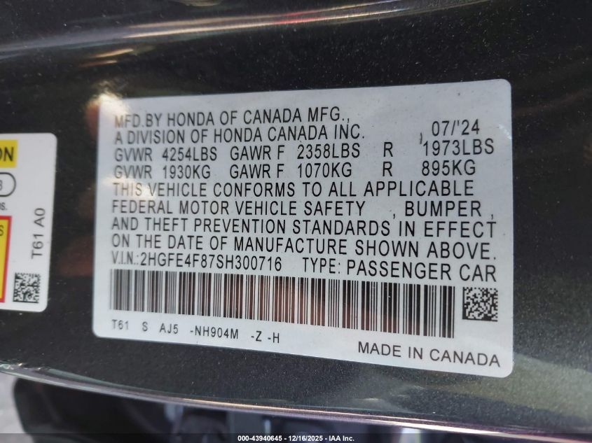 2025 Honda Civic Hybrid Sport/Sport Touring VIN: 2HGFE4F87SH300716 Lot: 43940645