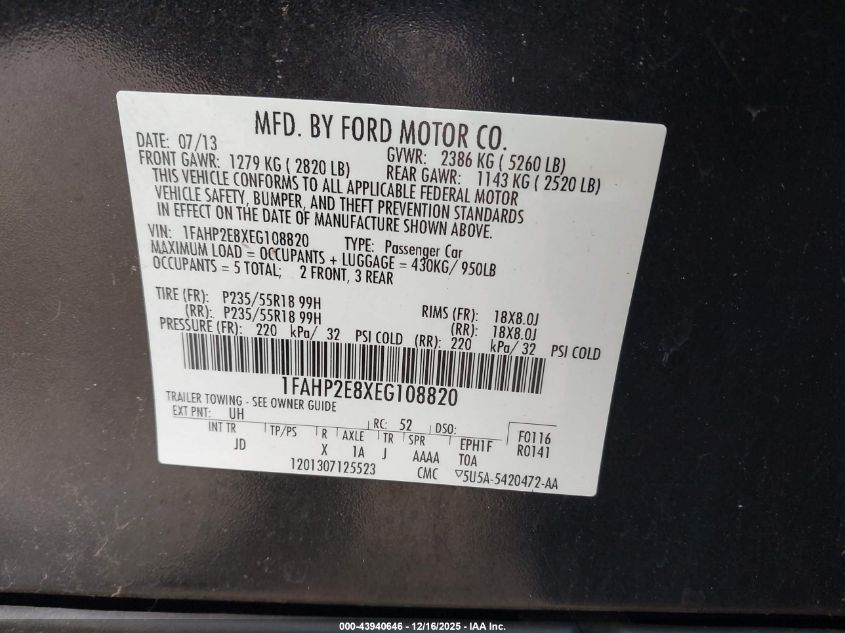 2014 Ford Taurus Sel VIN: 1FAHP2E8XEG108820 Lot: 43940646