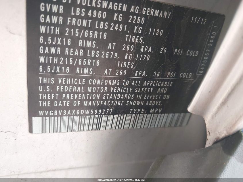 2013 Volkswagen Tiguan S VIN: WVGBV3AX6DW569277 Lot: 43940652