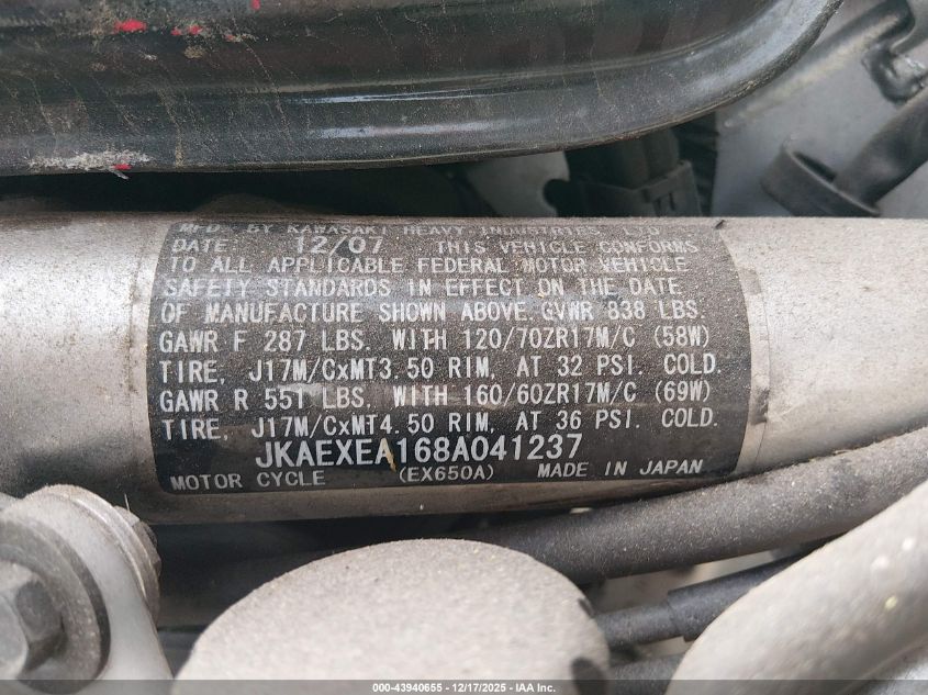 2008 Kawasaki Ex650 A VIN: JKAEXEA168A041237 Lot: 43940655