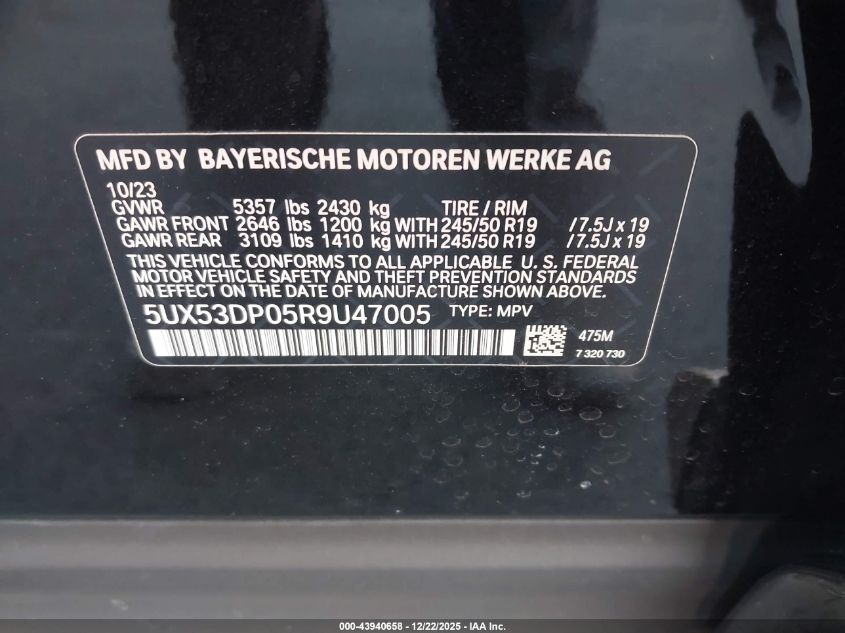 2024 BMW X3 xDrive30I VIN: 5UX53DP05R9U47005 Lot: 43940658