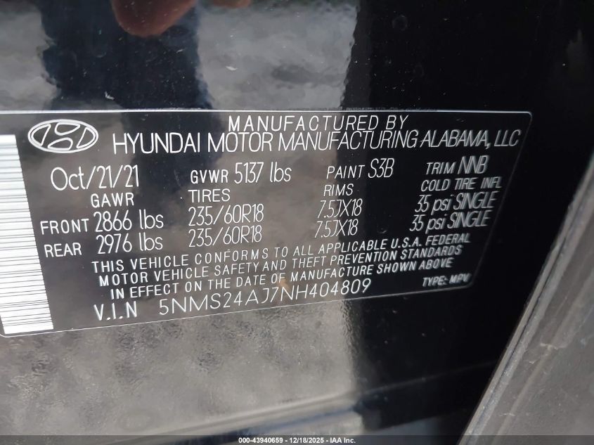 2022 Hyundai Santa Fe Sel VIN: 5NMS24AJ7NH404809 Lot: 43940659